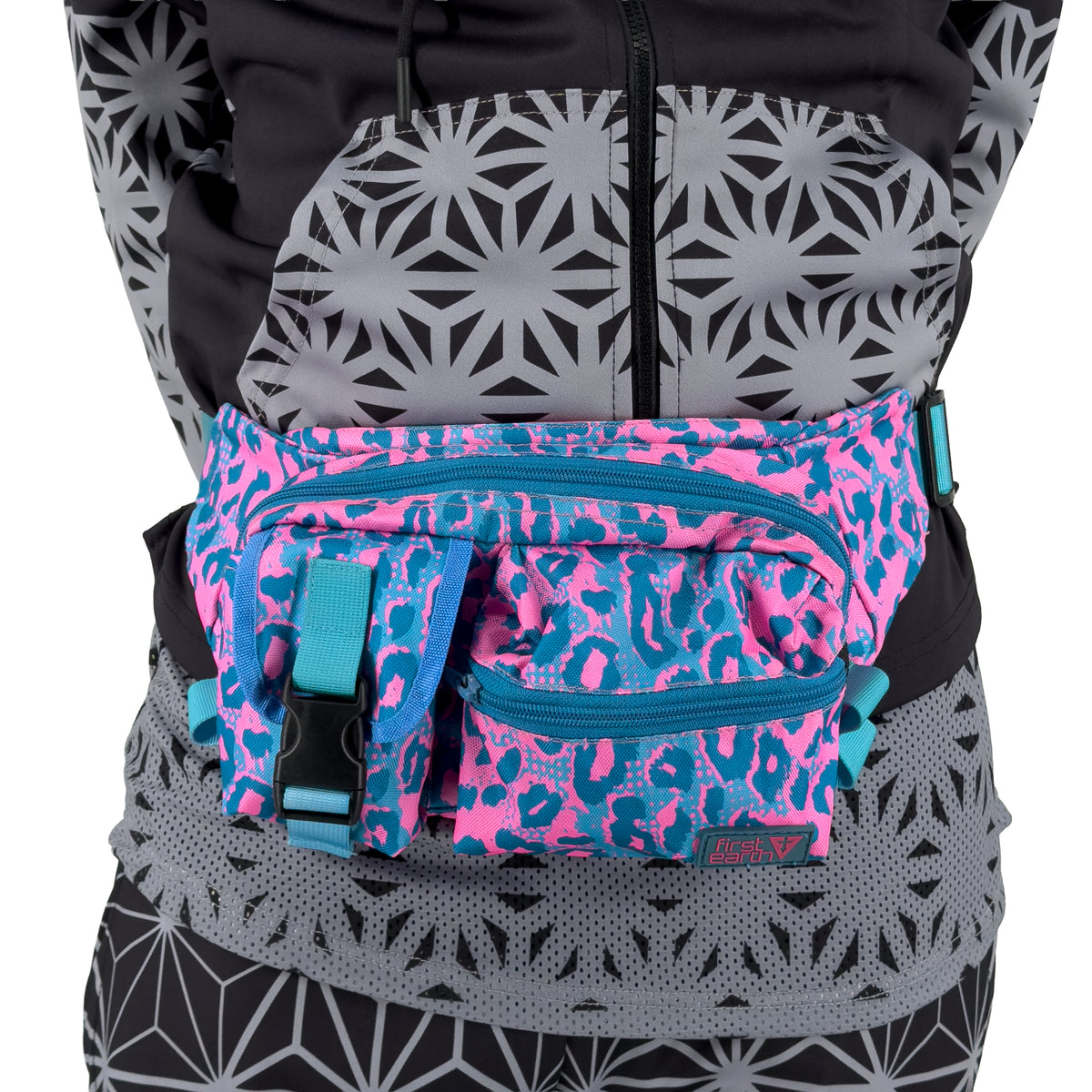Neon cheetah secure bag worn as fanny pack at festival