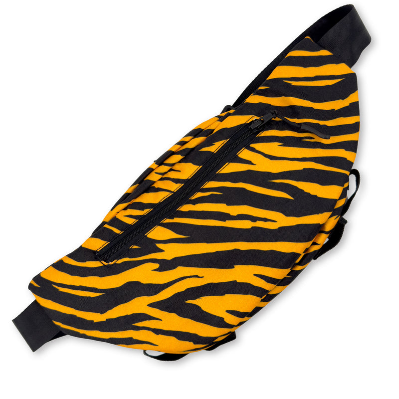 First Earth Sacred Stripes crossbody bag back with orange black tiger stripe print and zipper pocket