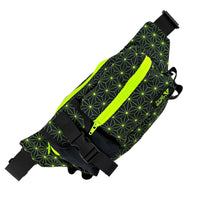 Asanoha yellow crossbody bag by First Earth – lightweight rave-ready bag with glowing sacred geometry design, perfect for hands-free dancing and spinning 