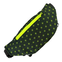 Asanoha yellow crossbody bag by First Earth – lightweight rave-ready bag with glowing sacred geometry design, perfect for hands-free dancing and spinning 
