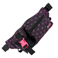 Asanoha pink crossbody bag by First Earth – rave-ready bag with UV-reactive sacred geometry design, easy to carry during dance and flow 