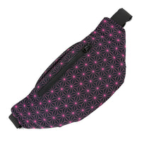 Asanoha pink crossbody bag by First Earth – rave-ready bag with UV-reactive sacred geometry design, easy to carry during dance and flow 