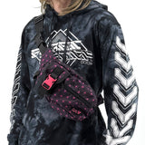 Asanoha pink crossbody bag by First Earth – rave-ready bag with UV-reactive sacred geometry design, easy to carry during dance and flow 