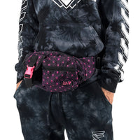 Asanoha pink crossbody bag by First Earth – rave-ready bag with UV-reactive sacred geometry design, easy to carry during dance and flow 