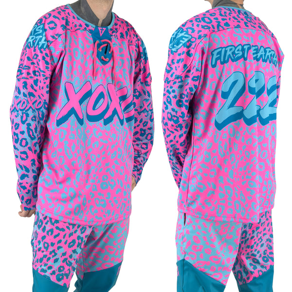 Neon Cheetah UV rave hockey jersey with bold animal print that glows under blacklight for festivals