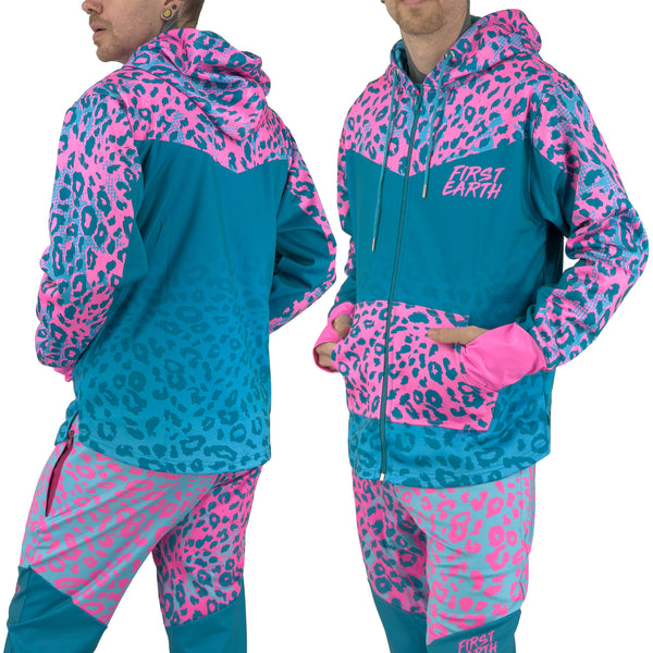 Neon Cheetah UV rave zip up hoodie with bold print that glows under blacklight at festivals