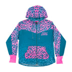 Neon Cheetah UV rave zip up hoodie with bold print that glows under blacklight at festivals
