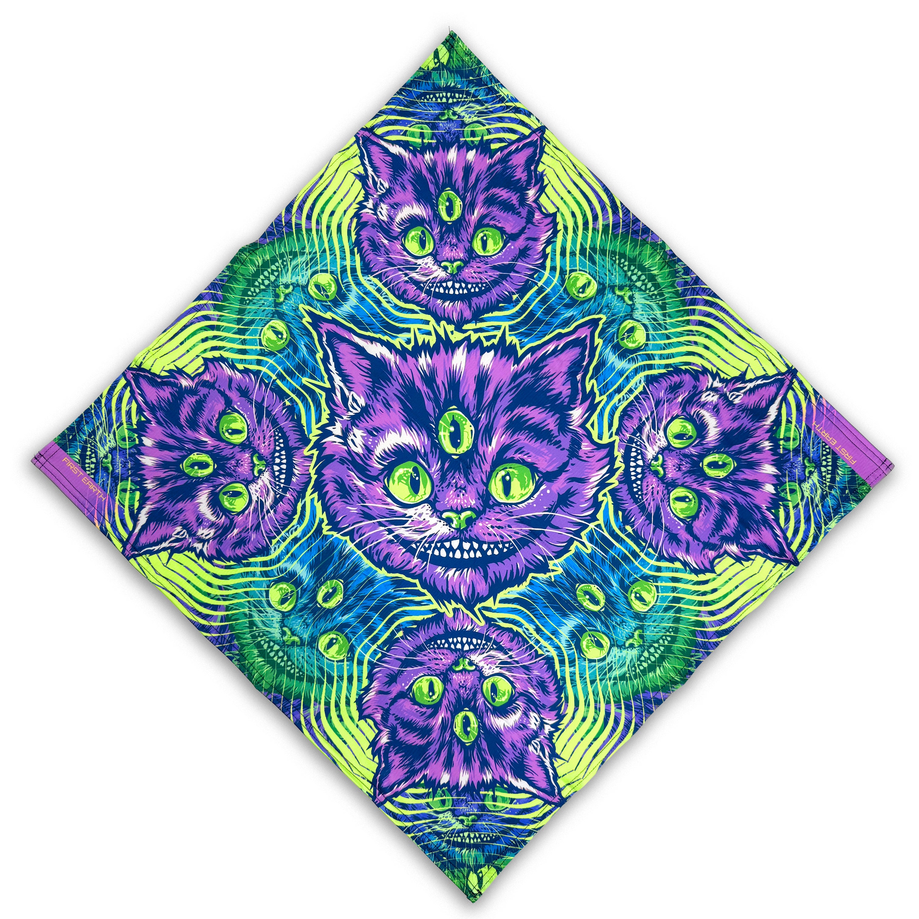 Cheshire Cat UV glow bandana by First Earth – lightweight rave accessory with glowing Cheshire Cat design, breathable fabric perfect for festival style 