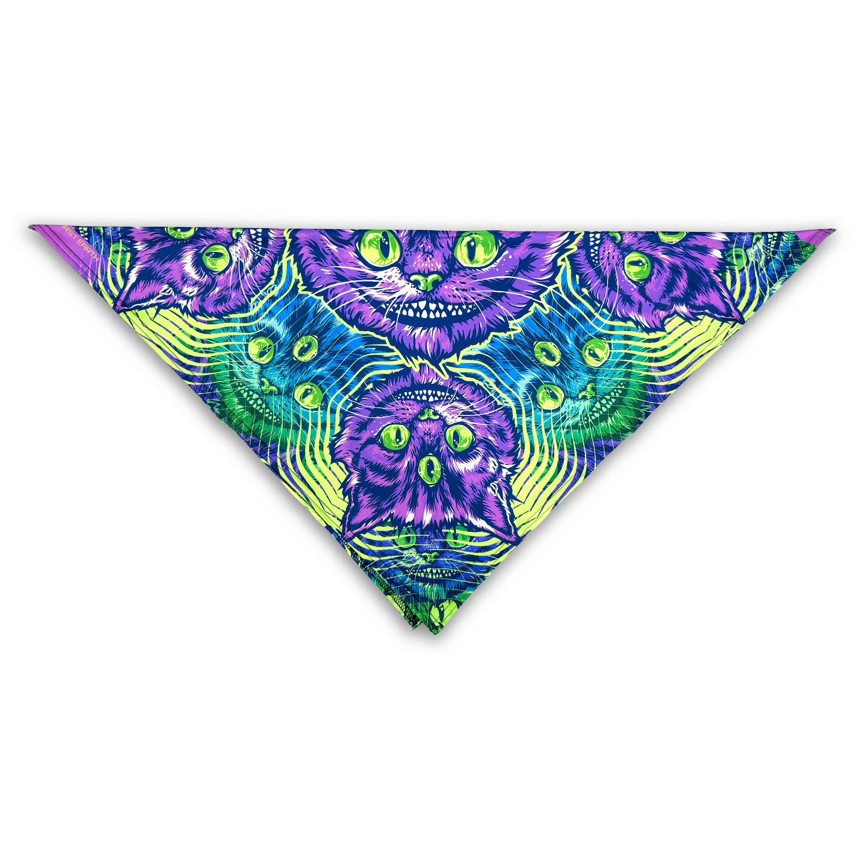 Cheshire Cat UV glow bandana by First Earth – lightweight rave accessory with glowing Cheshire Cat design, breathable fabric perfect for festival style 