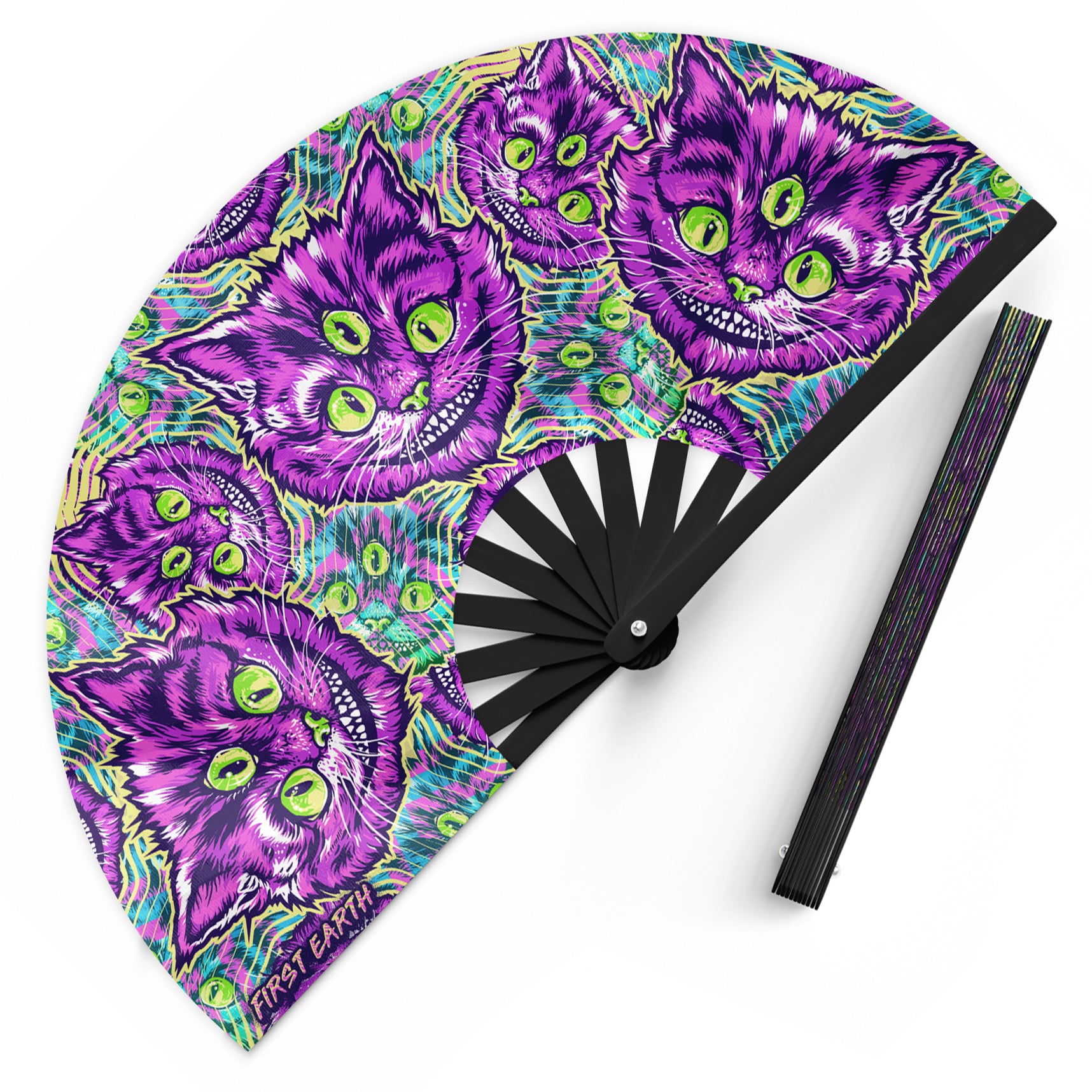 Cheshire Cat UV glow hand fan by First Earth – collapsible rave fan with glowing Cheshire Cat design, bamboo ribs, and vibrant polyester fabric for festival breeze
