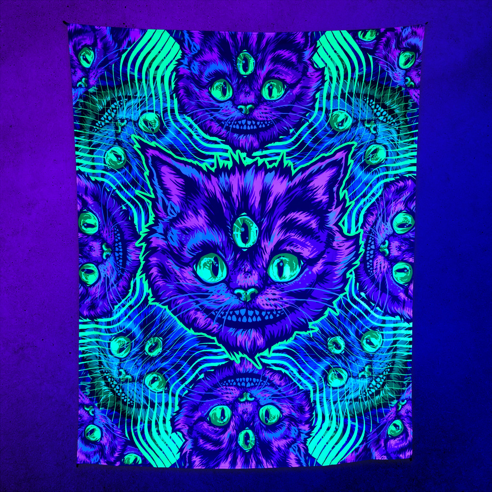 Cheshire Dreams UV tapestry by First Earth glowing under UV black light