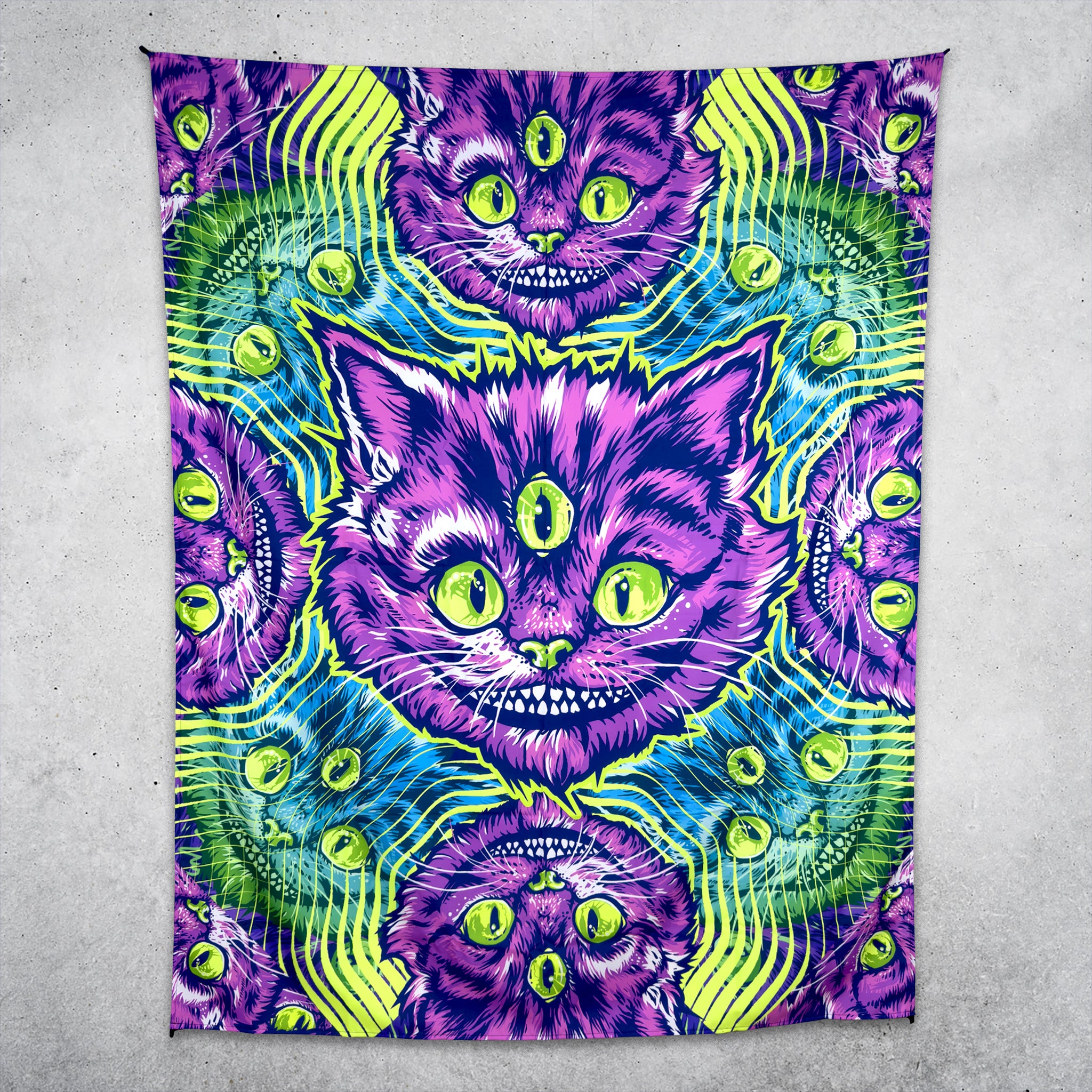 Cheshire Dreams UV tapestry by First Earth in normal light, showing the full printed design