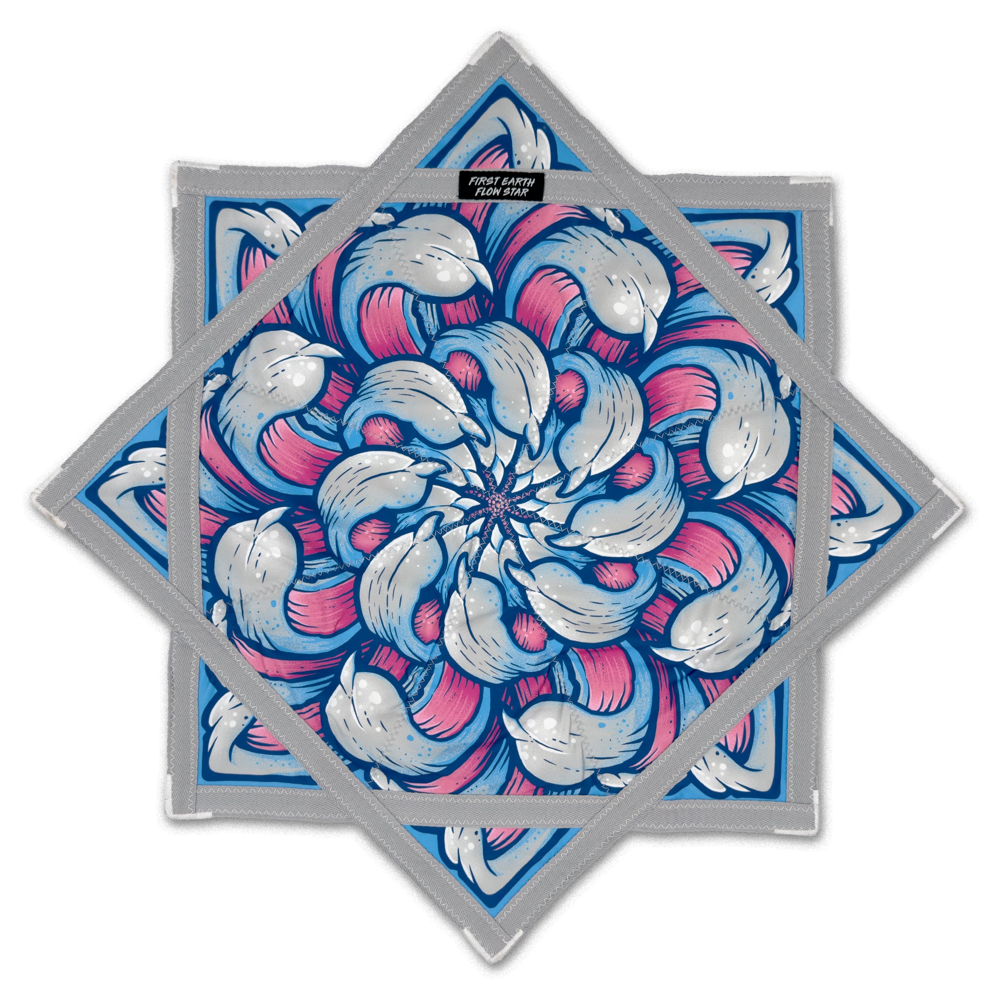 First Earth Chrysanthemum Midnight 25.5-inch flow star back view with blue and pink floral design