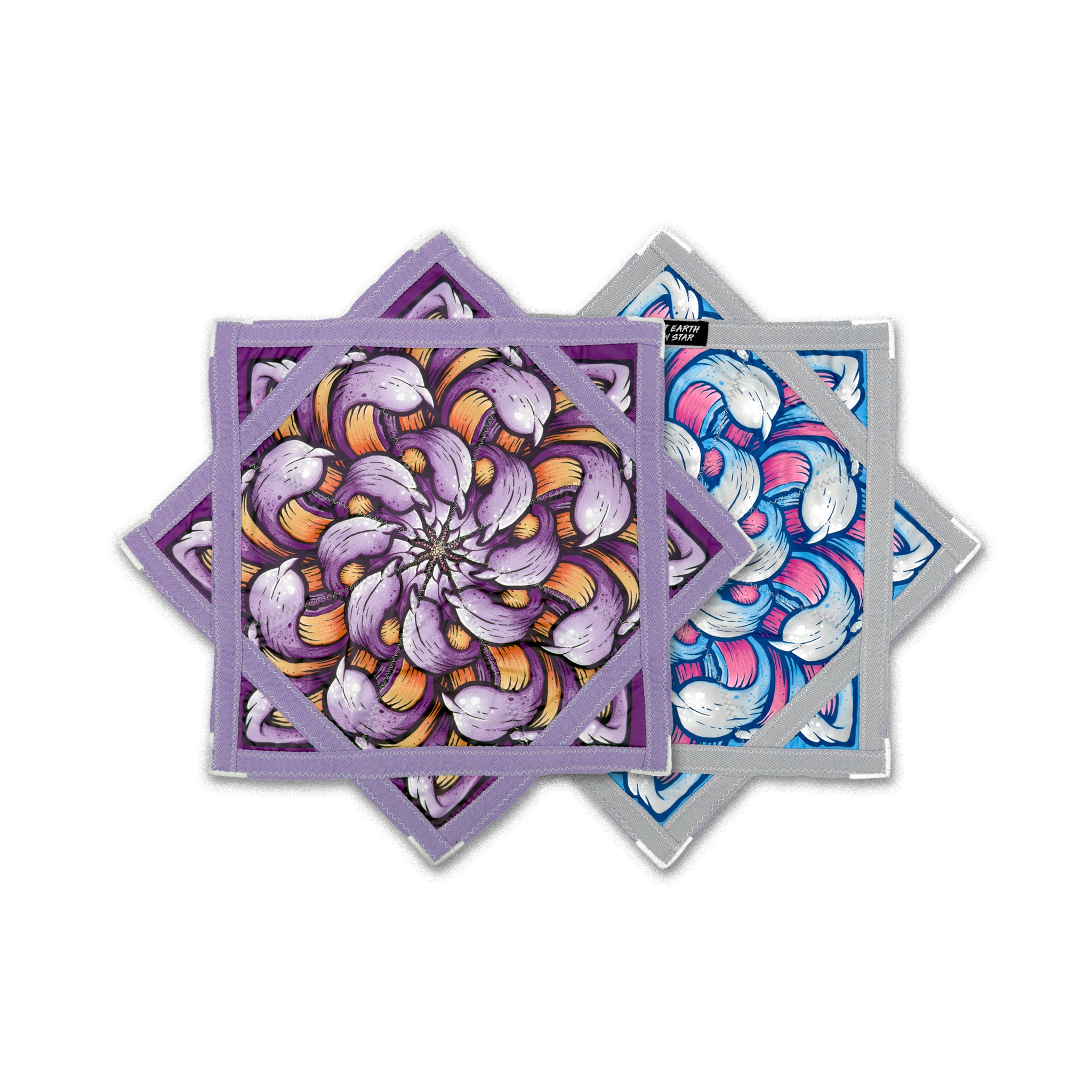 First Earth mini flow star front and back with purple and blue chrysanthemum artwork