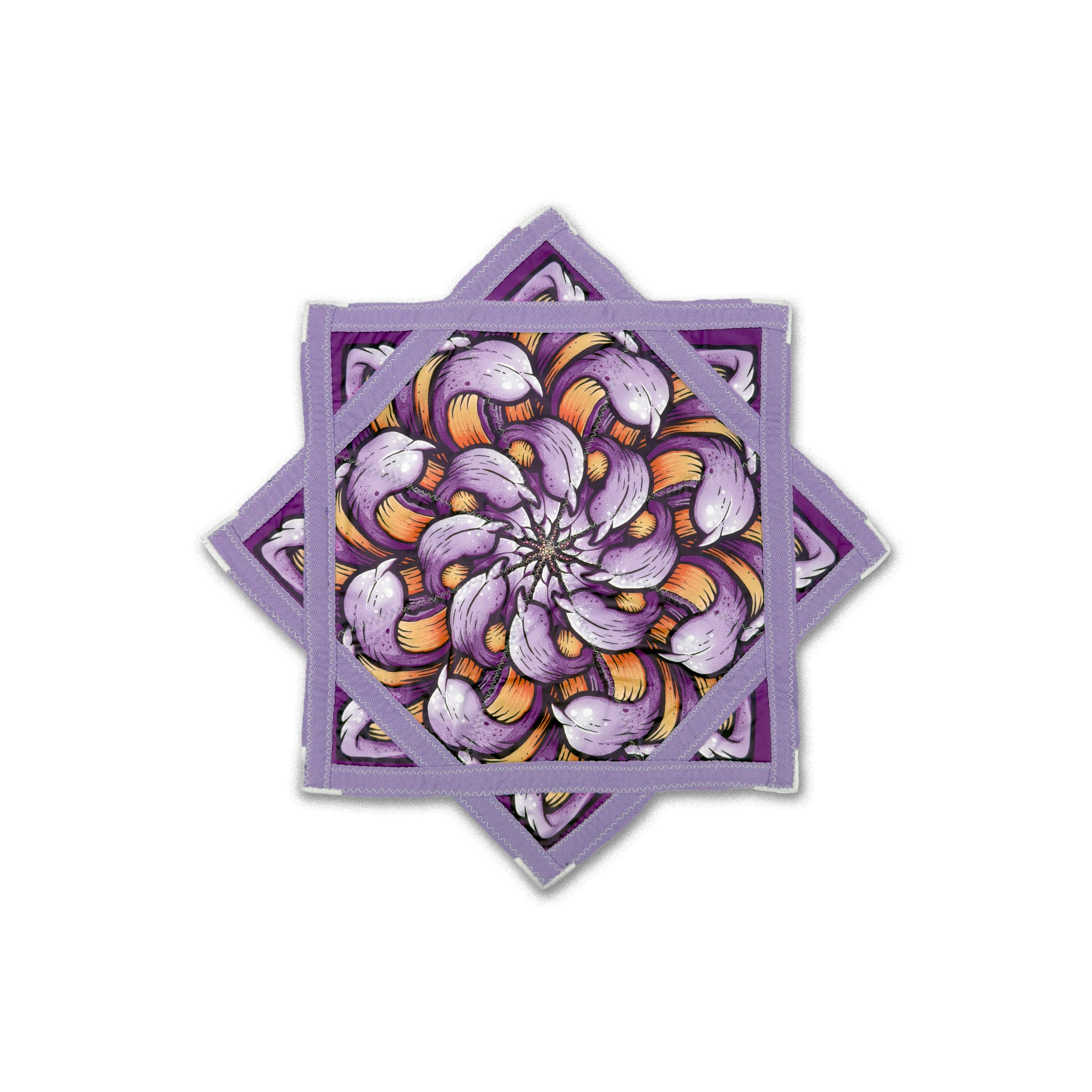 First Earth mini flow star front with purple chrysanthemum artwork and lavender trim