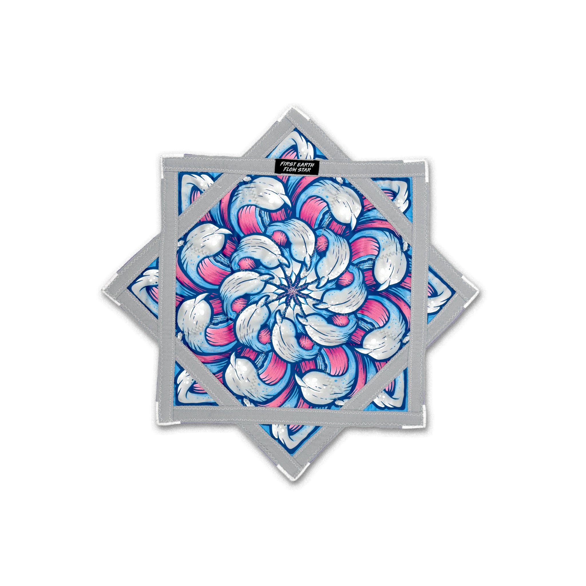 First Earth mini flow star back with blue chrysanthemum artwork and gray trim