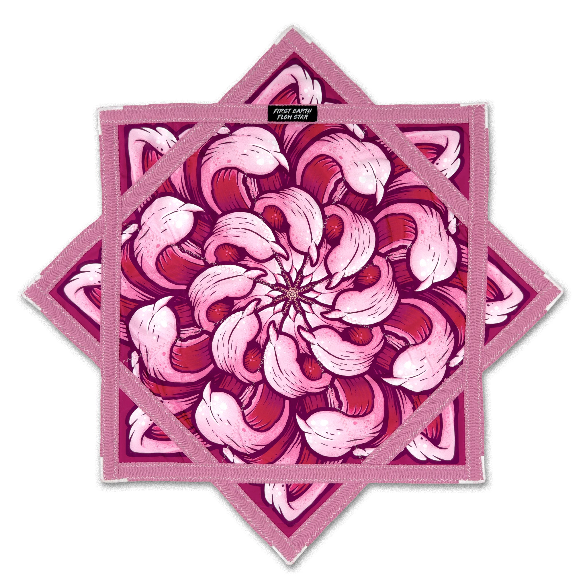 First Earth Chrysanthemum Sunrise 25.5-inch flow star front view with pink floral design for rave spinning