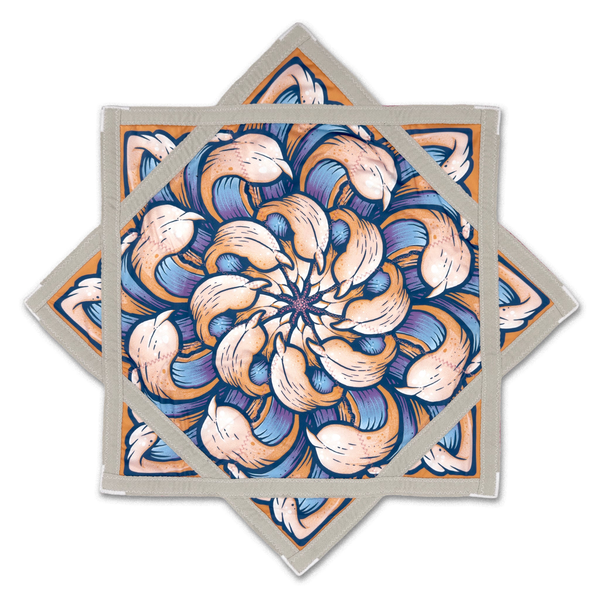First Earth Chrysanthemum Sunrise 25.5-inch flow star back view with orange and blue floral design