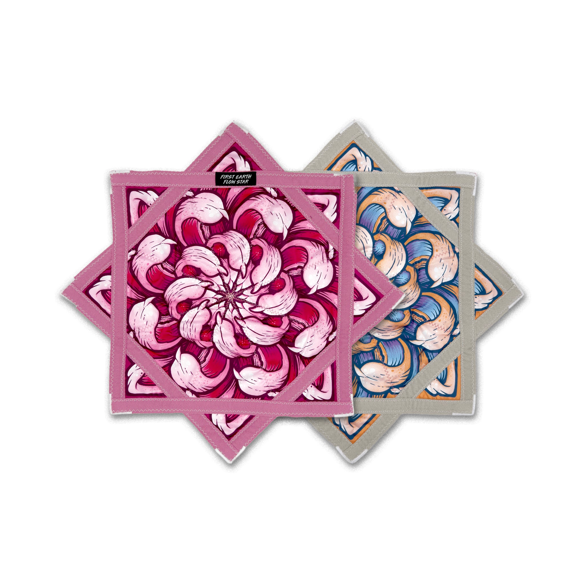 First Earth mini flow star front and back with pink and blue chrysanthemum artwork