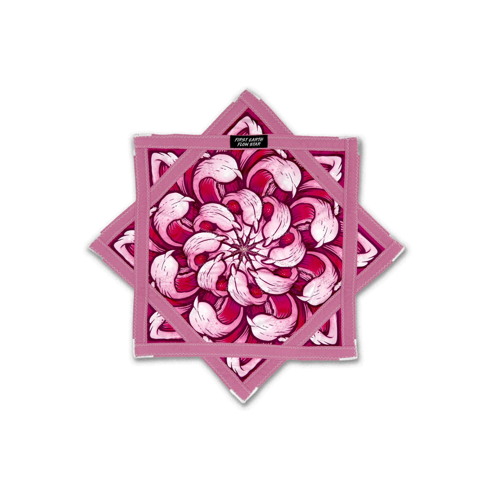 First Earth mini flow star front with pink chrysanthemum artwork and rose trim