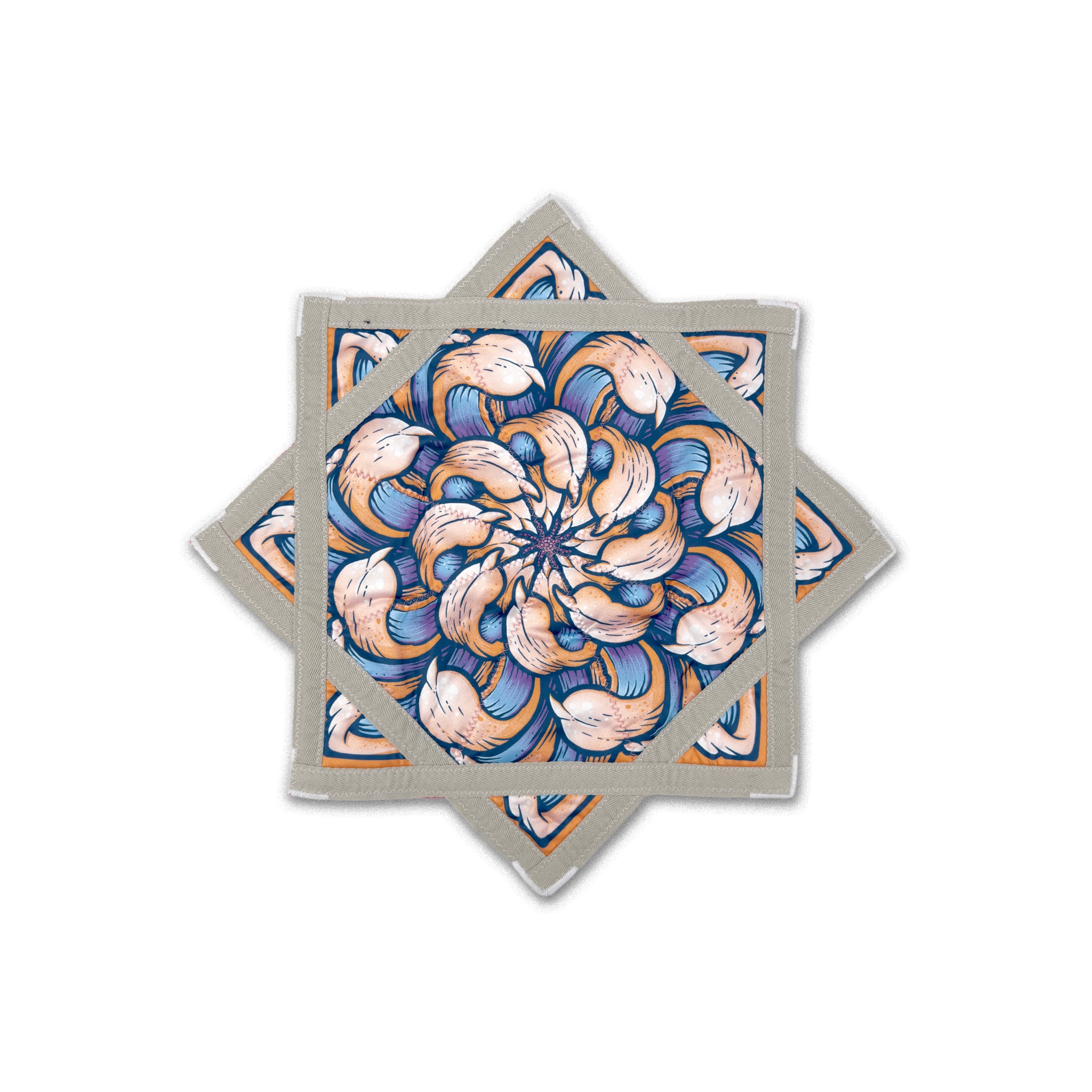 First Earth mini flow star back with blue orange chrysanthemum artwork and gray trim
