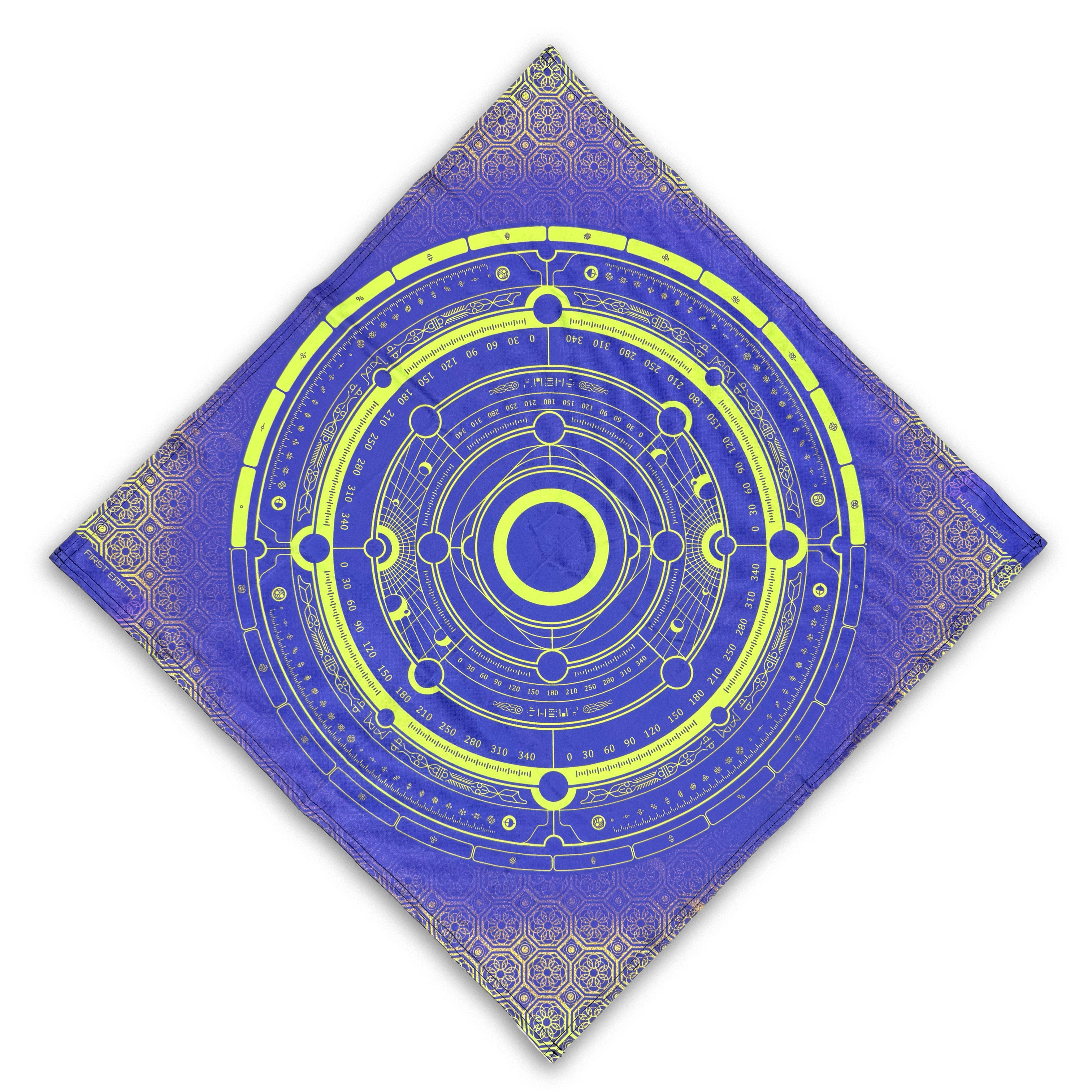 Celestial Compass UV glow bandana by First Earth – lightweight rave accessory with glowing cosmic geometry, breathable and bold for flow arts 