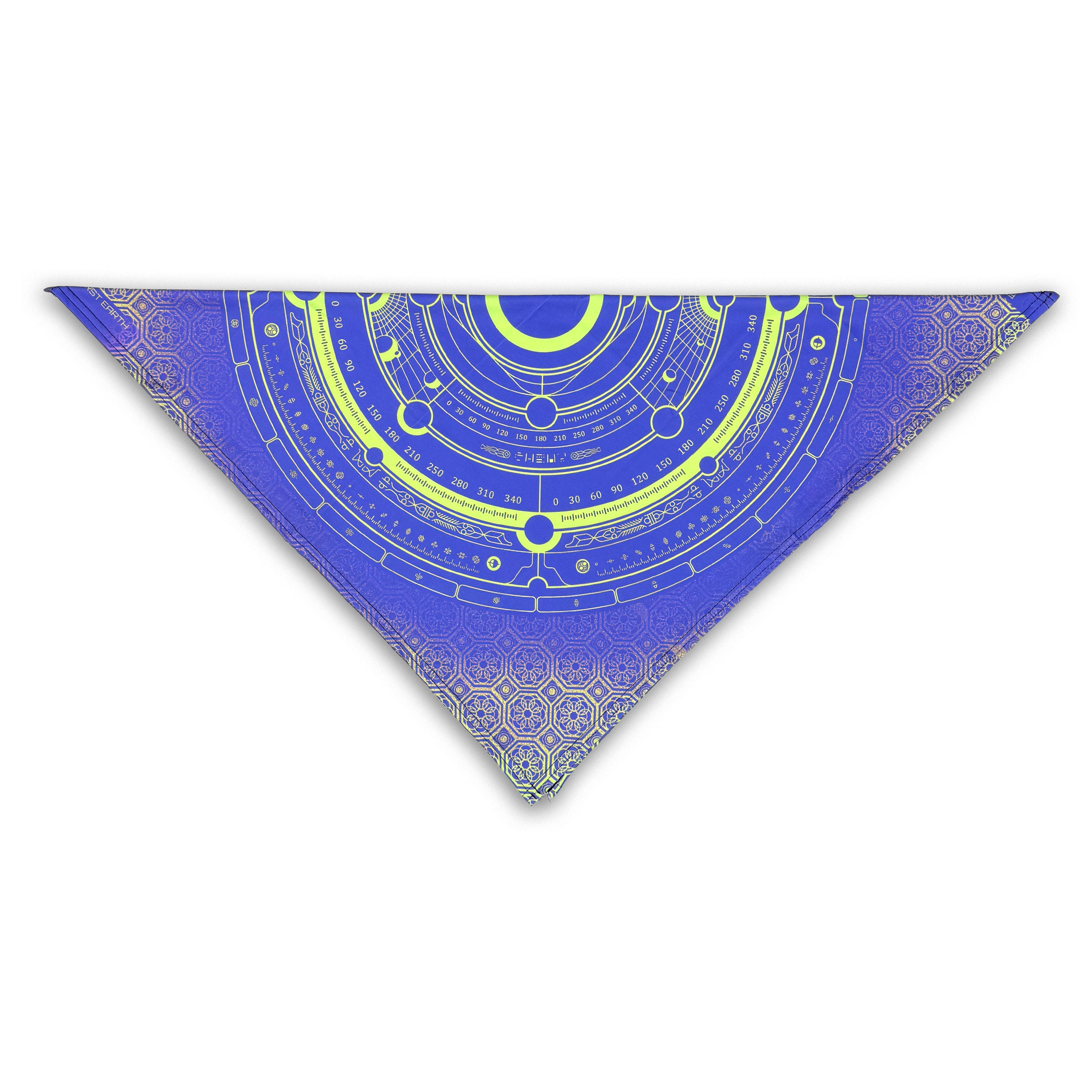 Celestial Compass UV glow bandana by First Earth – lightweight rave accessory with glowing cosmic geometry, breathable and bold for flow arts 