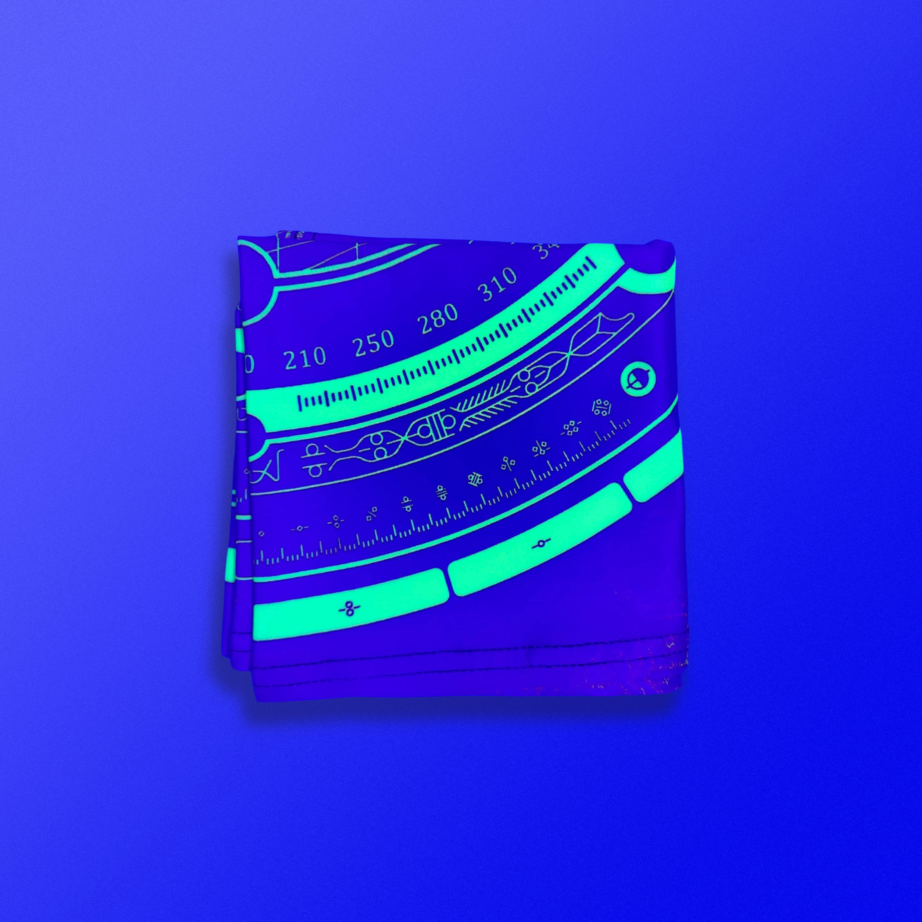 Celestial Compass UV glow bandana by First Earth – lightweight rave accessory with glowing cosmic geometry, breathable and bold for flow arts 