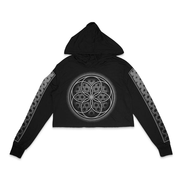 First Earth Flower of Life cropped hoodie for rave and festival wear