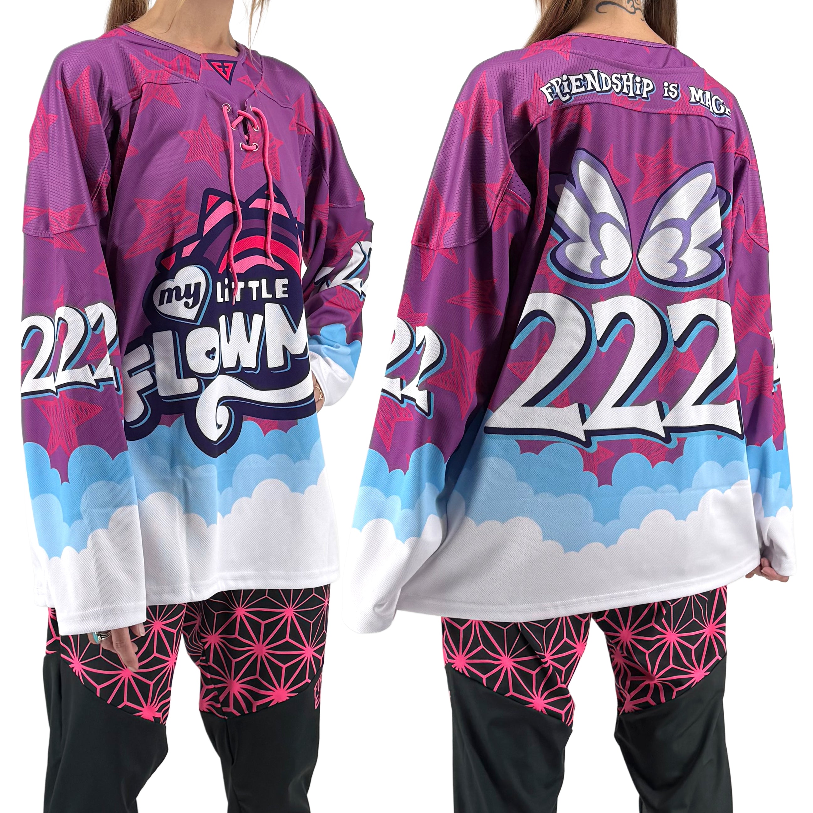 Lil' Flowmie hockey jersey by First Earth – oversized, comfy pastel rave jersey with “Friendship is Magic” design and angel numbers 222