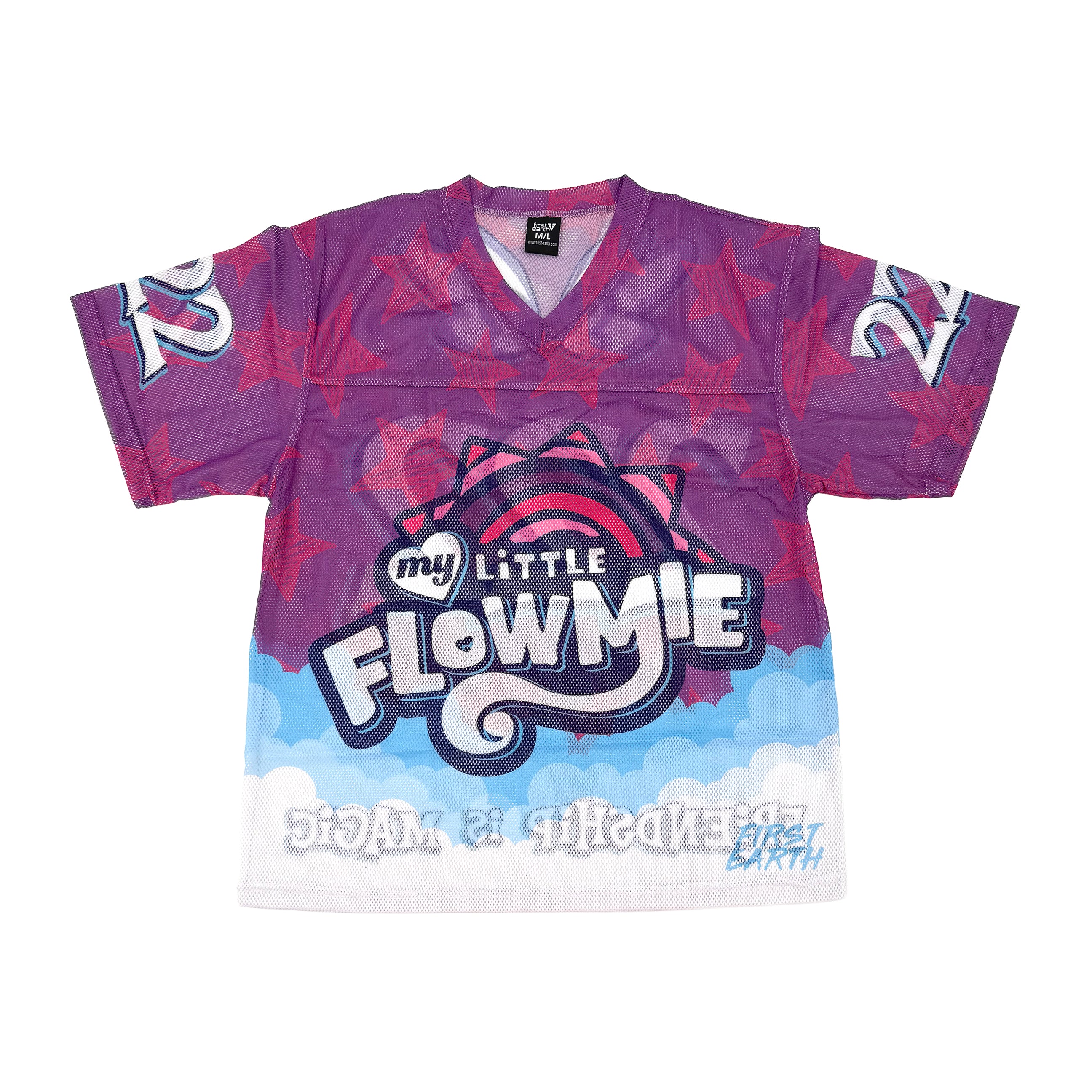 Lil’ Flowmie mesh jersey by First Earth – lightweight, breathable rave jersey with pastel design and angel number 222, perfect for festivals and flow arts