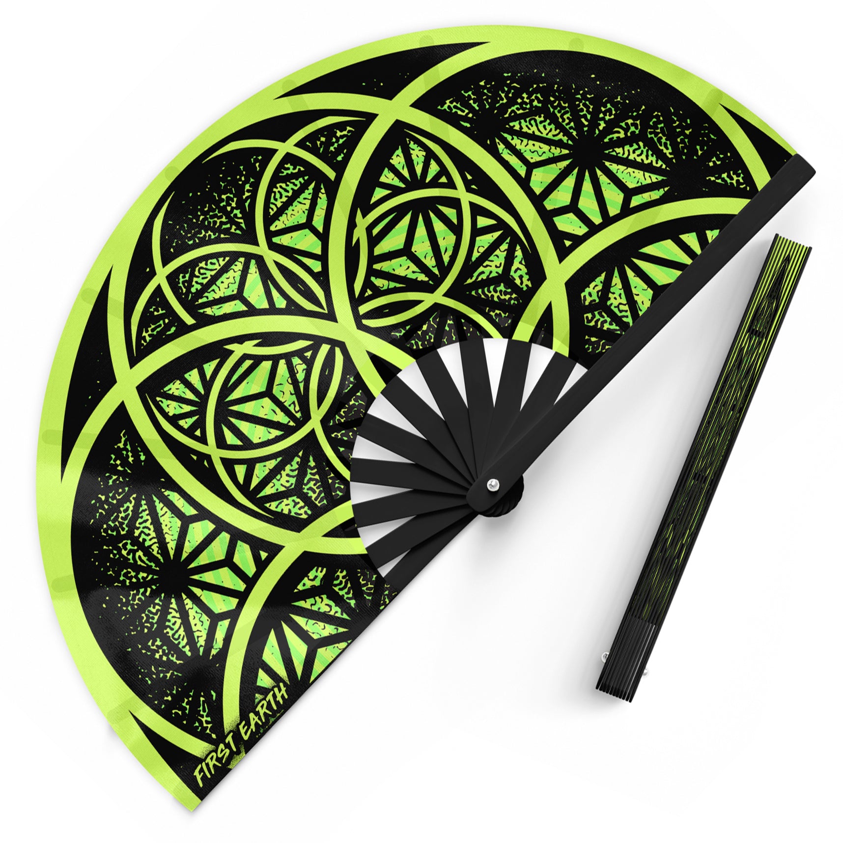Flower of Life UV glow hand fan green by First Earth – folding rave fan with sacred geometry glowing under blacklight, bamboo handle, vibrant polyester fabric