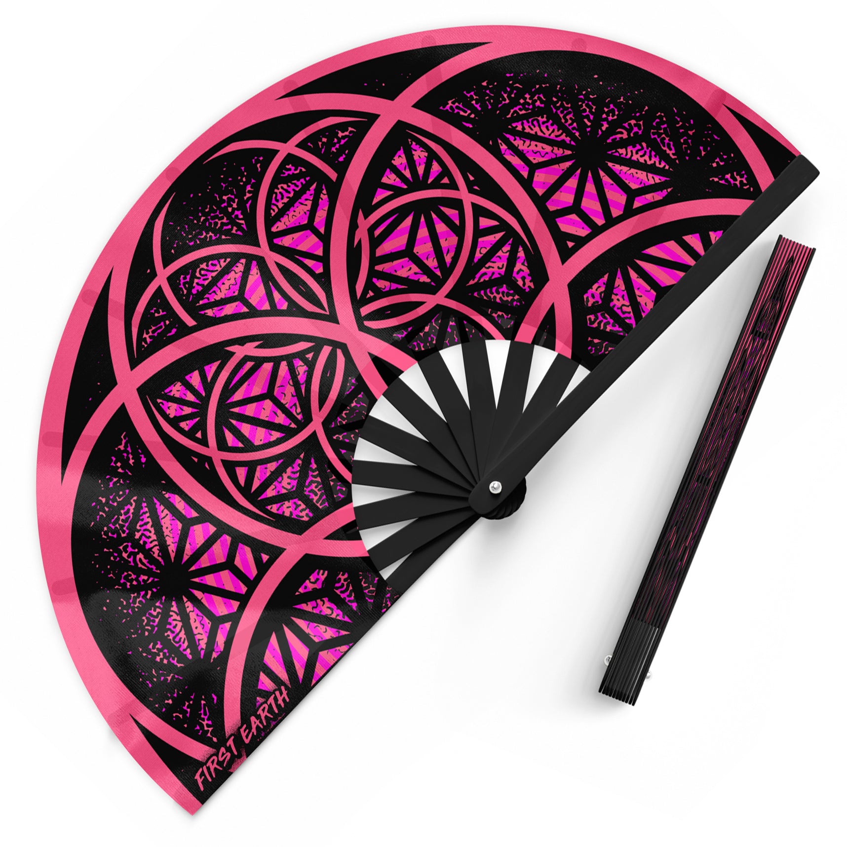 Flower of Life UV glow pink hand fan by First Earth – portable rave fan with glowing sacred geometry print, bamboo ribs, and vibrant polyester fabric for festival flair