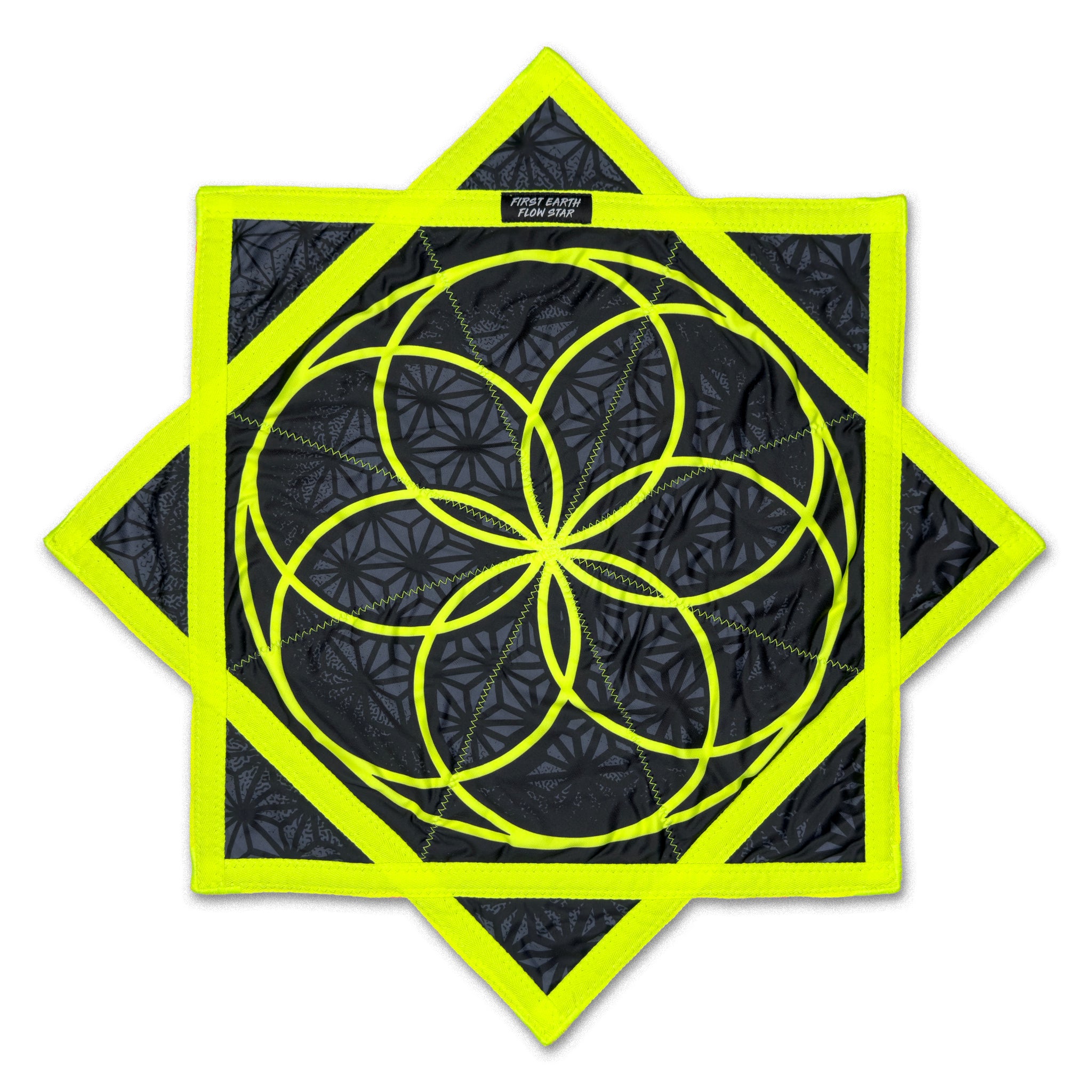 Front view of the First Earth Flow Star in the Flower of Life Midnight design, showing a neon yellow sacred geometry pattern stitched onto black fabric in an eight-point star shape.