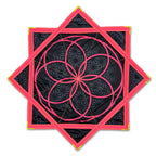 First Earth Flow Star in the Flower of Life Midnight design with a neon pink sacred geometry pattern on black fabric, folded into an eight-point star.