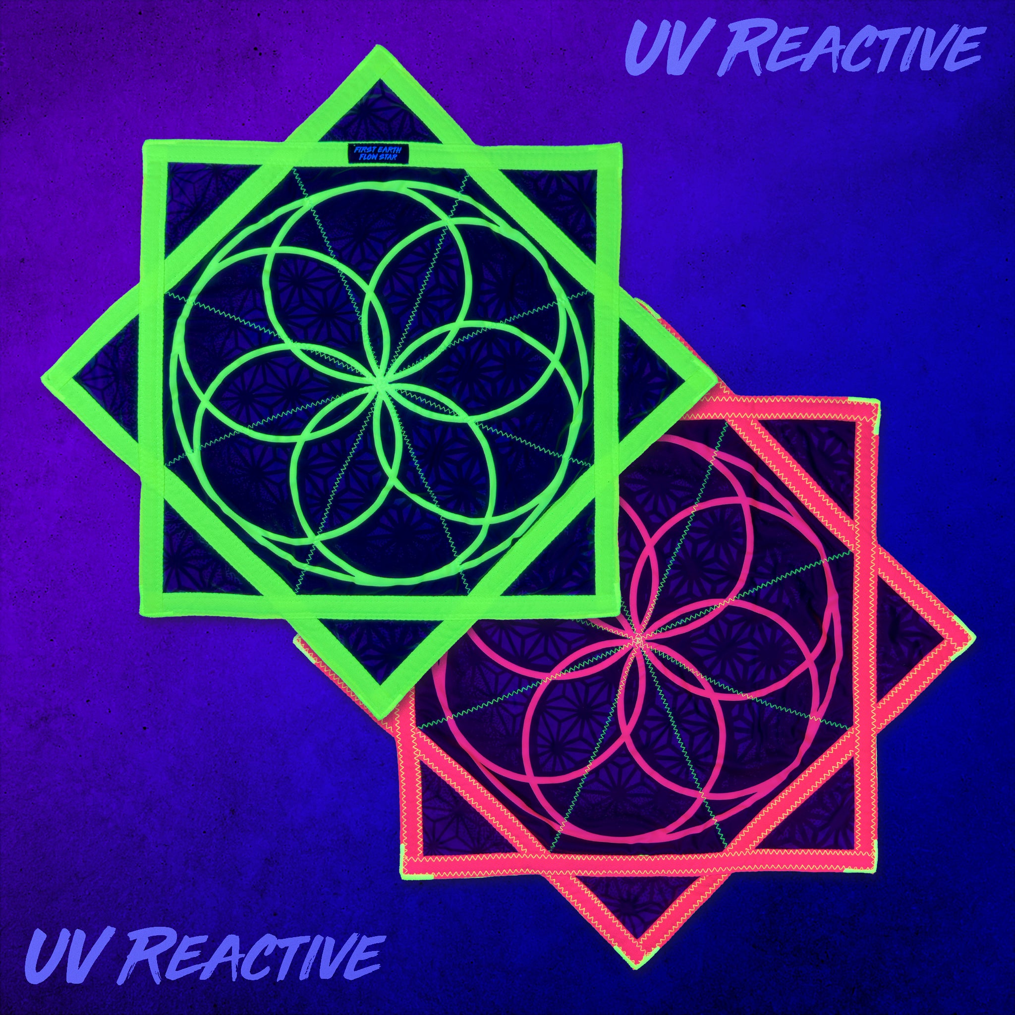 UV reactive Flower of Life Flow Star glowing under blacklight, showing the neon green and pink versions fluorescing against a purple background.