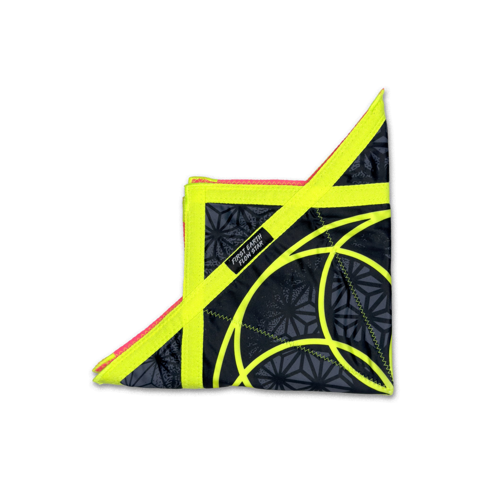 Folded Flower of Life Midnight Flow Star showing the neon yellow trim and the black First Earth Flow Star label.