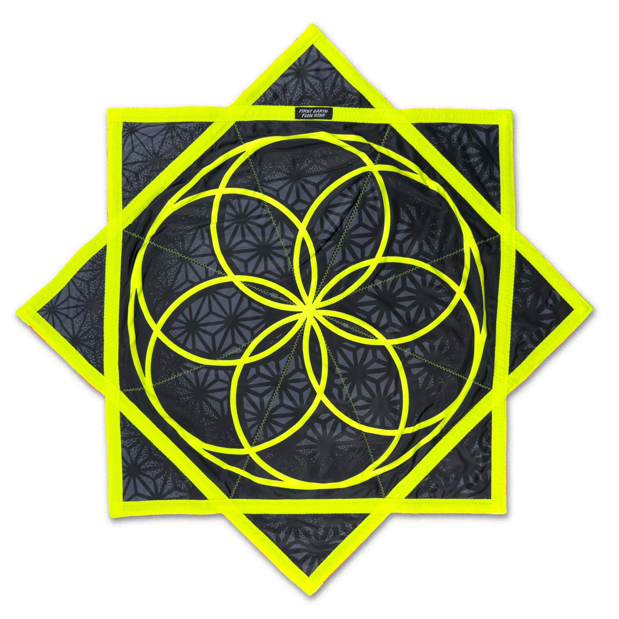 First Earth Flower of Life Midnight 36 inch flow star front with neon green sacred geometry design