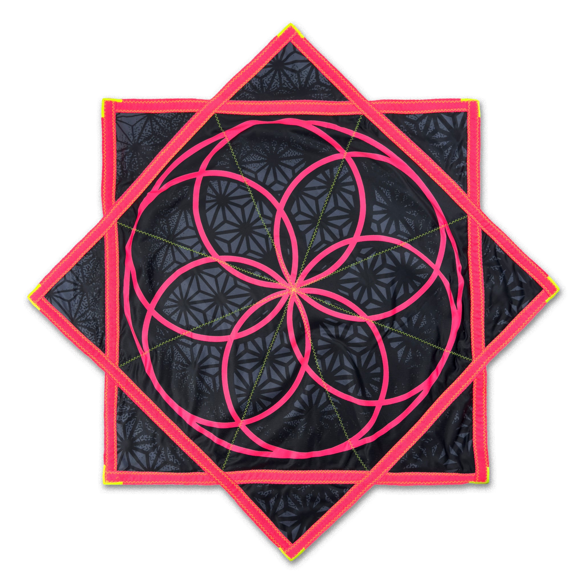 First Earth Flower of Life Midnight 36 inch flow star back with neon pink sacred geometry design
