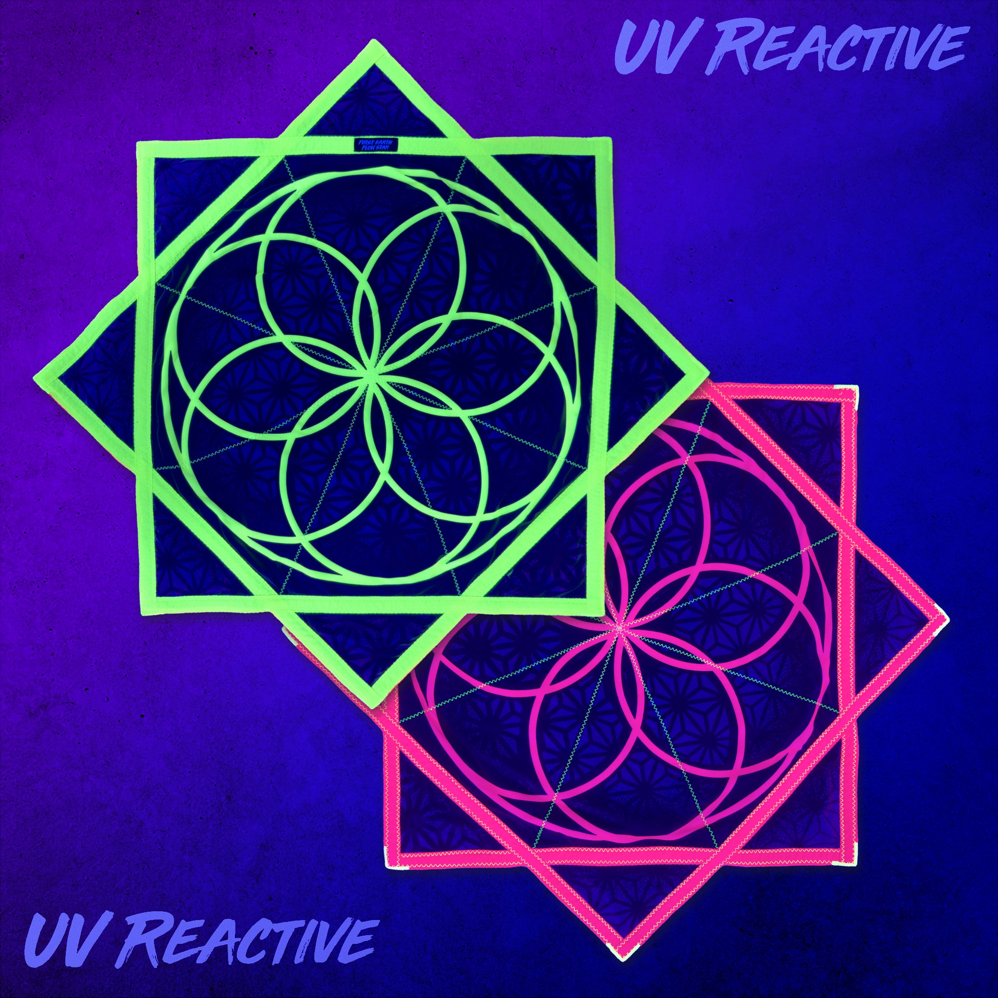 First Earth Flower of Life Midnight flow star front and back glowing under UV black light