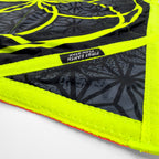 First Earth Flower of Life Midnight flow star close up showing neon trim, tag, and zig zag stitching