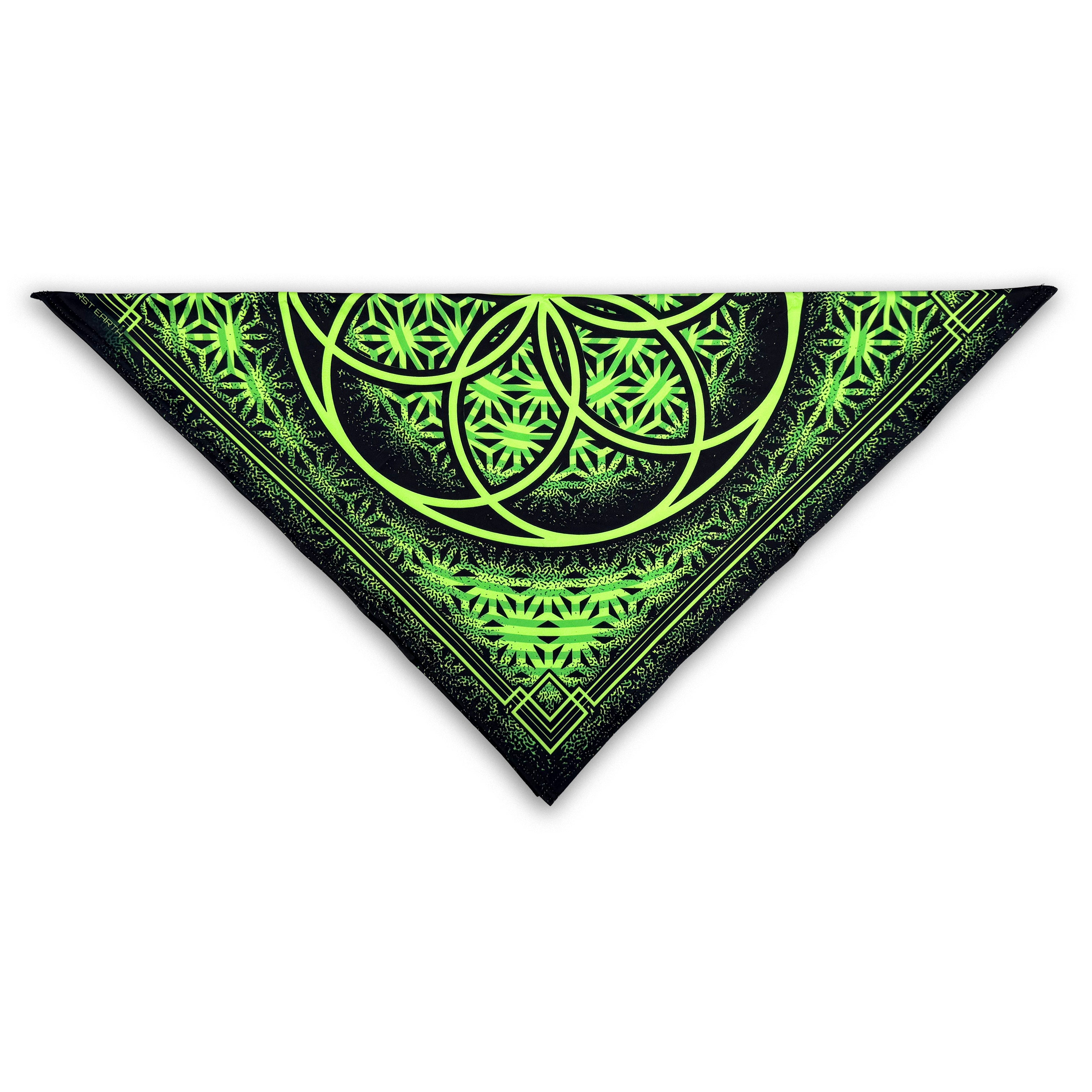 Flower of Life UV glow bandana green by First Earth – lightweight rave accessory with glowing sacred geometry in pink, breathable festival essential