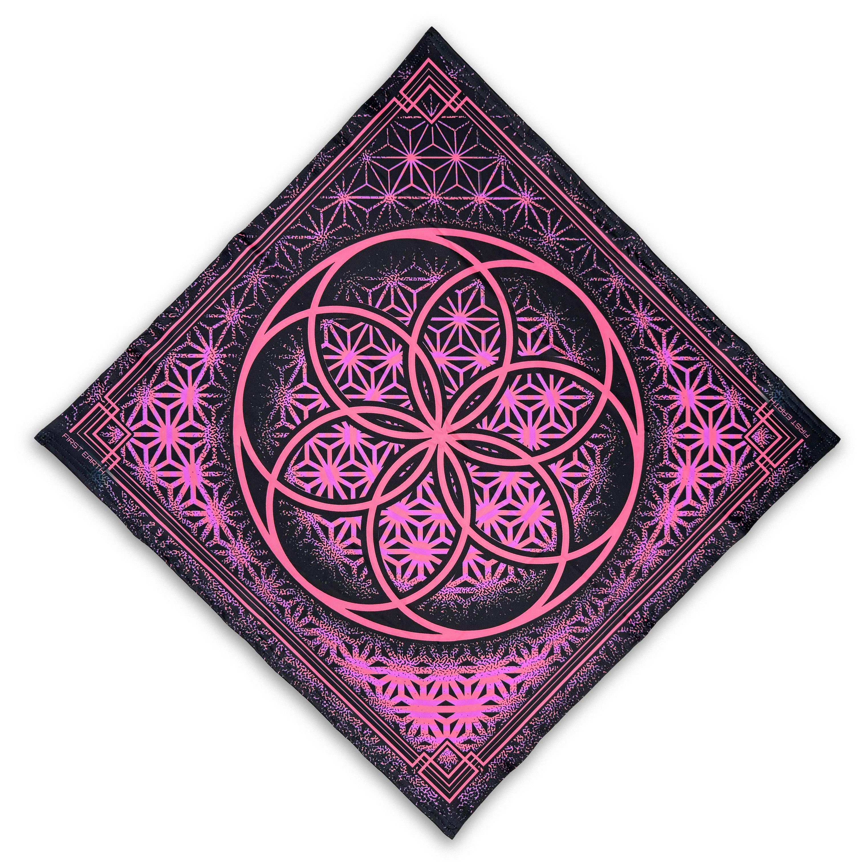 Flower of Life UV glow bandana pink by First Earth – lightweight rave accessory with glowing sacred geometry in pink, breathable festival essential