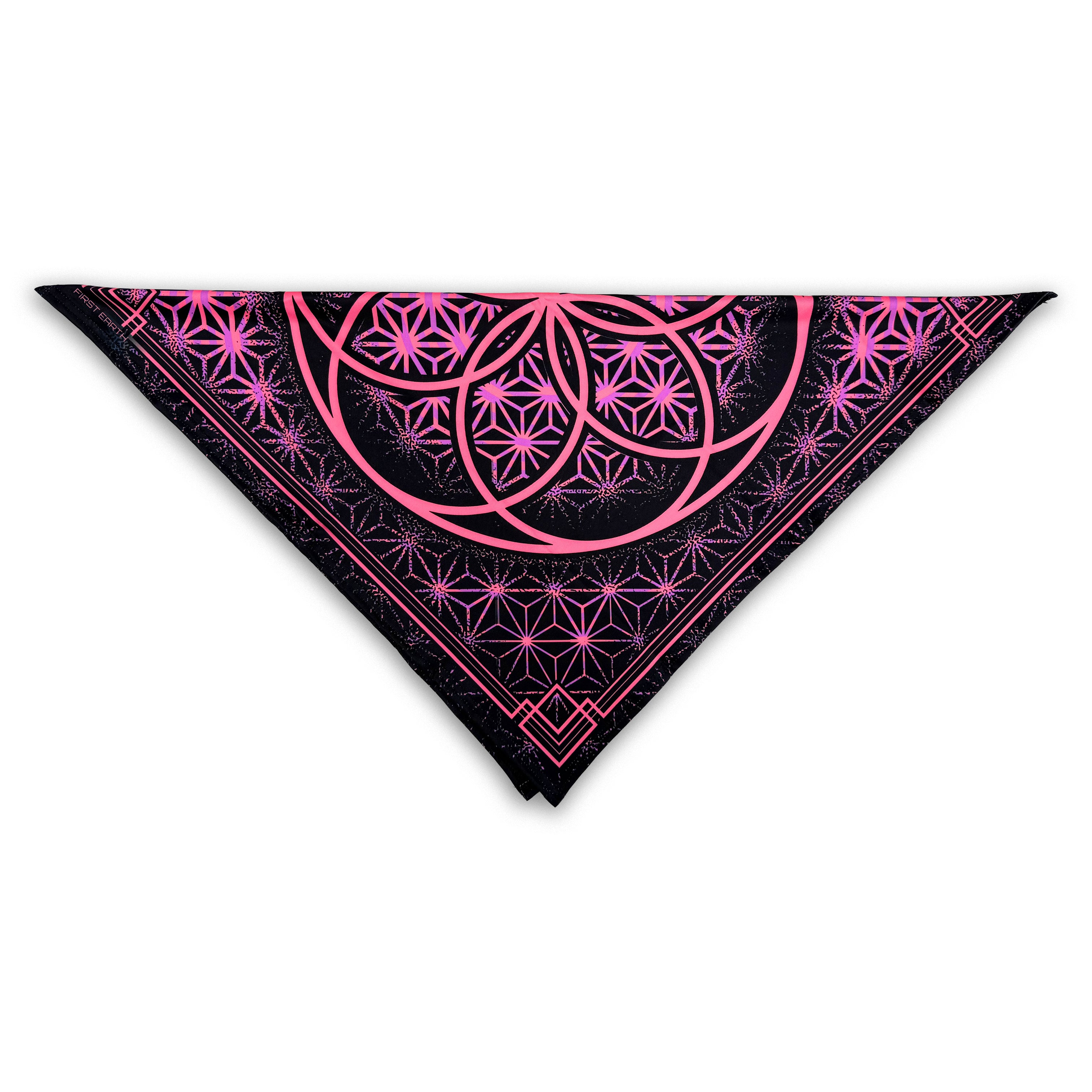 Flower of Life UV glow bandana pink by First Earth – lightweight rave accessory with glowing sacred geometry in pink, breathable festival essential