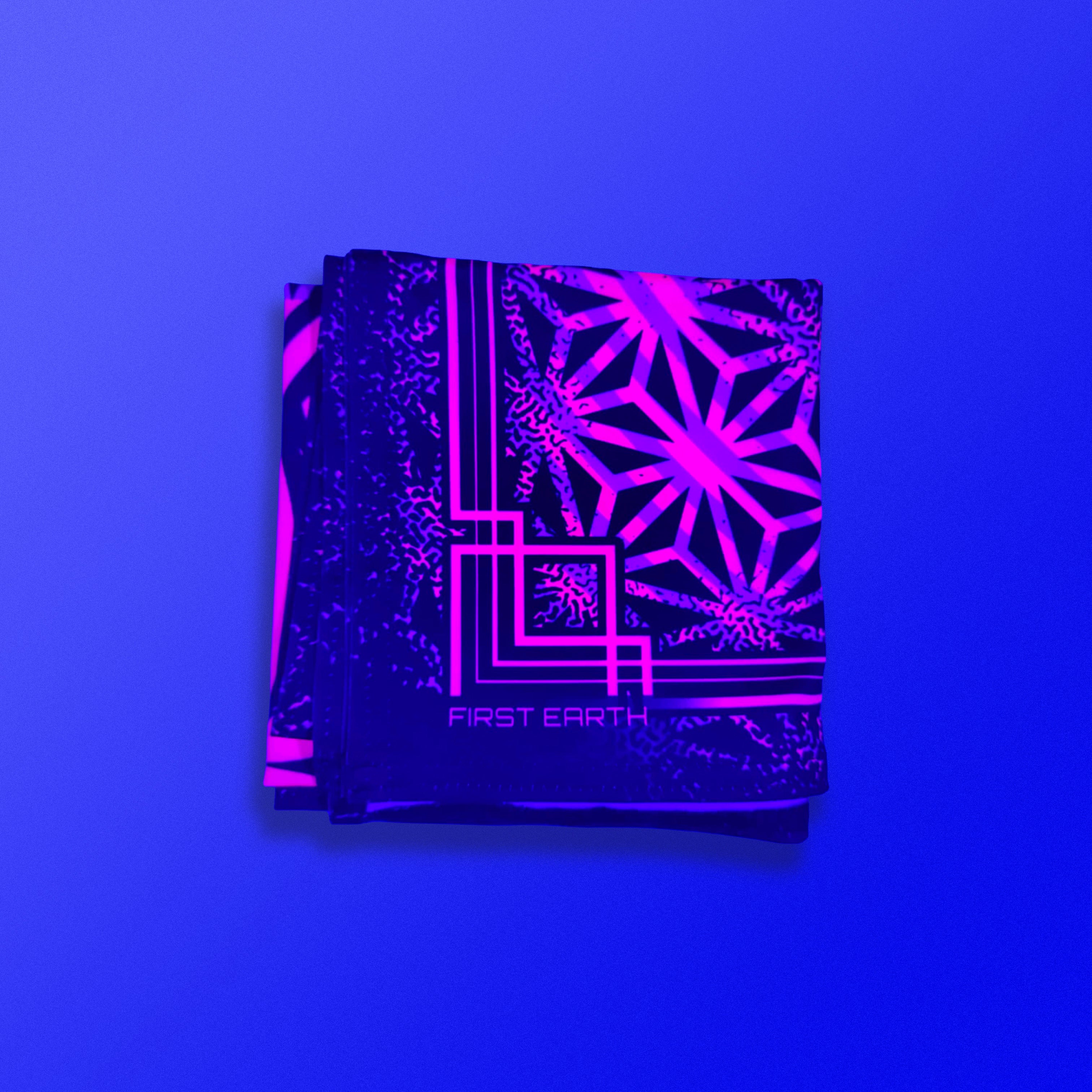 Flower of Life UV glow bandana pink by First Earth – lightweight rave accessory with glowing sacred geometry in pink, breathable festival essential