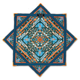 Glitch Tiger Flow Star in teal blue and bright orange featuring mirrored tiger face artwork with geometric patterns, zig-zag stitching, and durable thick trim.