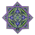 Glitch Tiger Flow Star in neon purple and electric green featuring symmetrical tiger face artwork with geometric patterns, zig-zag stitching, and thick trim for durability.
