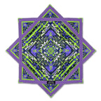 Glitch Tiger Flow Star in neon purple and electric green featuring symmetrical tiger face artwork with geometric patterns, zig-zag stitching, and thick trim for durability.
