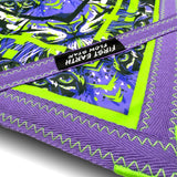 Glitch Tiger Flow Star in neon purple and electric green featuring symmetrical tiger face artwork with geometric patterns, zig-zag stitching, and thick trim for durability.