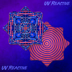 Front and back of the Glitch Tiger Orange 20 inch UV Flow Star by First Earth glowing under UV black light